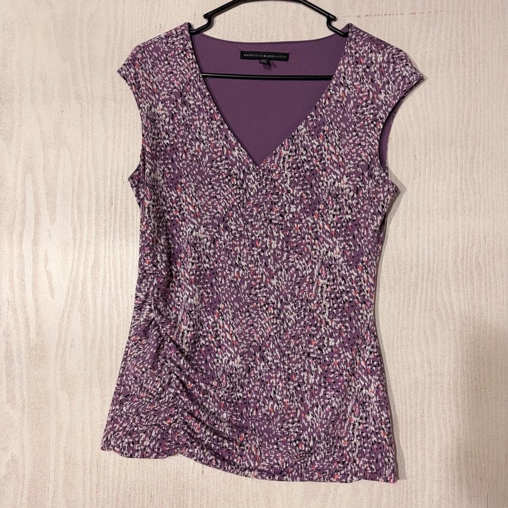 White House Black Market Blouse Womens Small Purple Ruched V-Neck Abstract Print